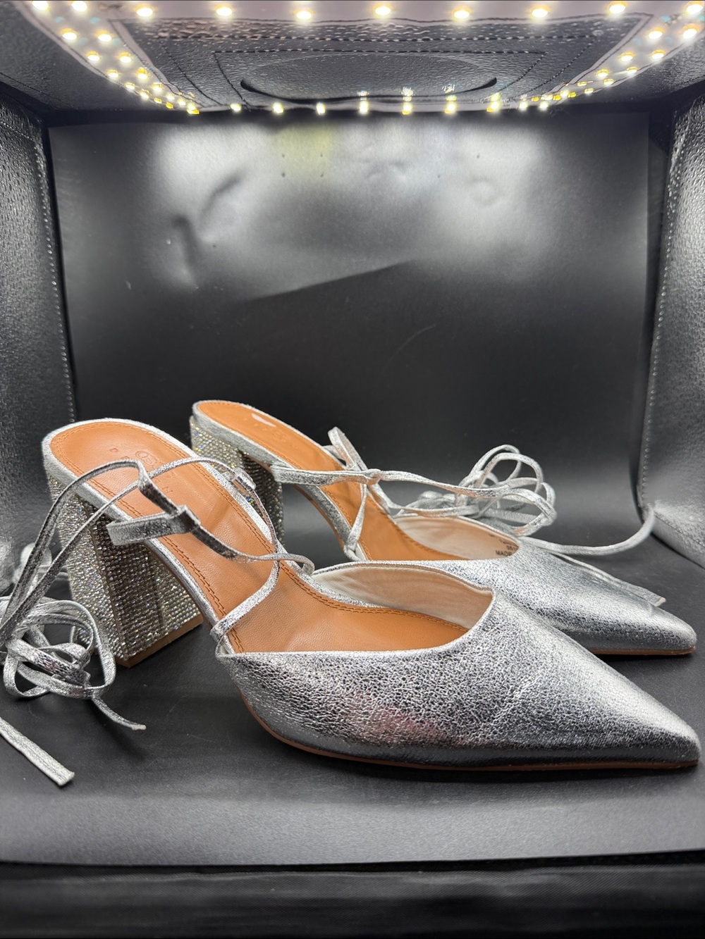 ASOS Silver Pointed-Toe Lace-Up Block Heel Pumps